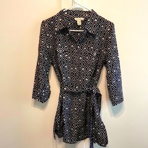 White House Black Market tribal print cotton/silk blend tie waist tunic Size M